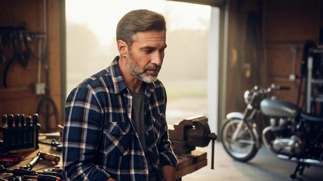 A handsome craftsman takes a coffee break in his garage, standing confidently near his motorcycle, a scene representing skilled labor, hobbies, and masculine lifestyle branding