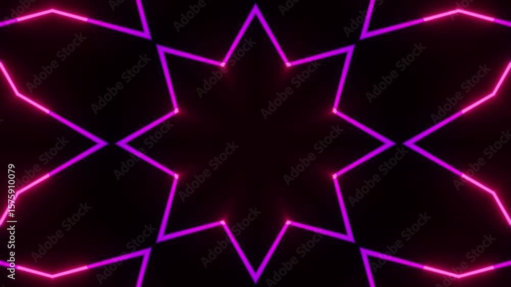 Poster seamless 3d kaleidoscope animation with glowing straight neon lines forming geometric patterns on a 