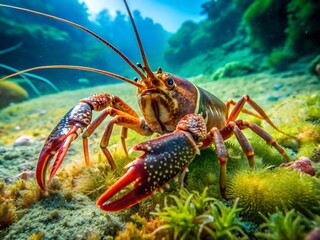 A vibrant crayfish crawls among aquatic plants on the ocean floor