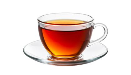 Glass cup of tea with visible amber liquid and subtle steam, showing realistic reflections and transparency. Isolated on a transparent PNG background, perfect for beverage ads, café menus