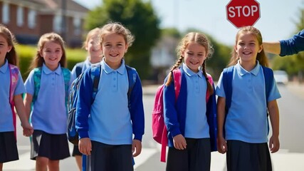 A crossing guard with a stop sign safely guides a group of smiling primary school girls across a street, illustrating child safety, community service and back to school season - Powered by Adobe