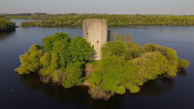 Ruined Circular Castle Of Cloughoughter In Lough Oughter Near Killeshandra In County Cavan, Ireland. Aerial Drone Shot