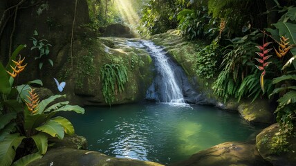 Fototapeta premium Crystal waterfall in tropical rainforest with morpho butterfly – Perfect for eco-tourism, meditation apps, or nature-themed designs