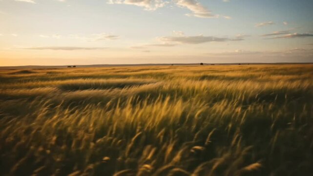 Tall prairie grass swaying in golden sunlight across open dry landscape. Seamless looping 4K time-lapse animation video background