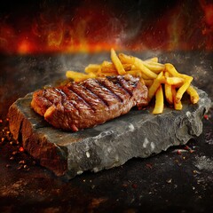 juicy grilled steak served on a stone slab plate with french fries . aspect ratio 1:1