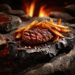 juicy grilled steak served on a stone slab plate with french fries . aspect ratio 1:1