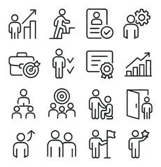 Career Growth line art icons. promotion arrow, career ladder, resume with check, skill development, goal briefcase, job milestone, training certificate, performance graph,