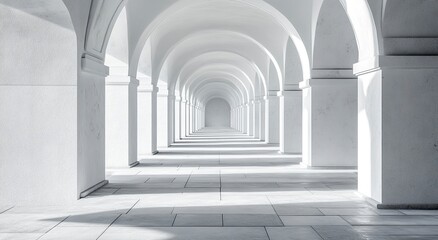 Fototapeta premium 3D render of white arches against a background, symmetrical composition, perspective view, long corridor with bright light and shadows, minimalist style, high resolution, hyper-realistic, sharp focus,