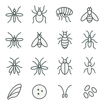 Vector insects line art icons. mosquito, tick, flea, fly, sandfly, tsetse fly, lice, mite, wasp, gnat, beetle, bug, insect wing, bite mark, insect antenna, insect egg.