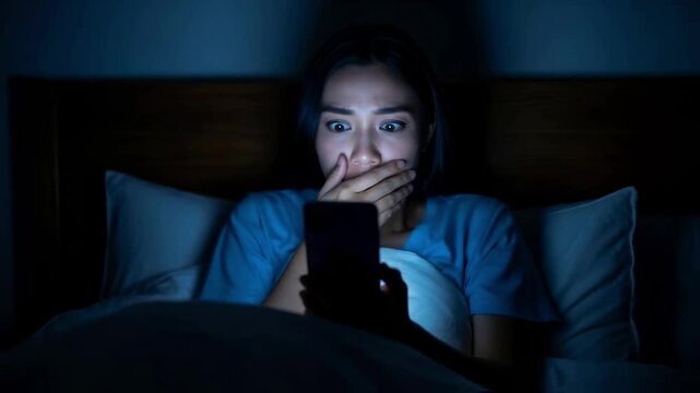 Young asian woman lying in bed at night looks at her smartphone with a shocked expression, a concept for bad news, cyberbullying, anxiety or horror movies on social media