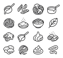 Cream-based pasta line art icons. Alfredo sauce, penne pasta, creamy mushroom, white sauce pan, fettuccine swirl, grated parmesan, pasta bowl, basil leaf, creamy spinach, pasta