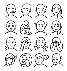 Grief emotions line art icons. sadness, numbness, anger, guilt, shock, loneliness, confusion, anxiety, fear, regret, helplessness, despair, longing, isolation, heartbreak, fatigue.