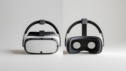 VR headset mockup front and top view combined, placed diagonally on white isolated background, high-detail plastic and lens rendering