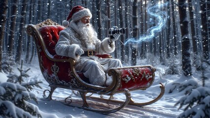 Santa Claus sitting in ornate sleigh casting magical spark in snowy forest
