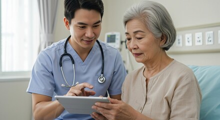 Compassionate Asian Doctor Explaining Diagnosis to Senior Patient on Tablet in Hospital Room