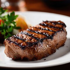 juicy grilled steak served on a white plate . aspect ratio 1:1