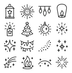 Festival Lights line art icons. lantern with stars, firework explosion, hanging string lights, sky lantern, star candle, decorated tree, glowing ornament, moonlight lamp, shimmer