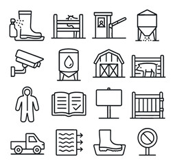 Farm biosecurity line art icons. disinfecting boots, livestock fence, entry checkpoint, feed storage, farm camera, clean water tank, barn door, isolation pen, protective suit,