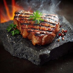 juicy grilled steak served on a stone slab plate  . aspect ratio 1:1