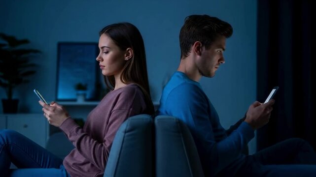 Couple sits back-to-back on a sofa at night, each engrossed in their phone, symbolizing modern relationship problems, communication breakdown, and digital addiction