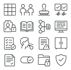 Internal control elements line art icons. control matrix, segregation of duties, approval stamp, dual signature, access control, policy manual, audit trail, system log, control