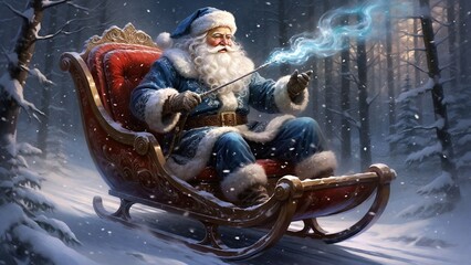 Santa Claus sitting in ornate sleigh with magical spark in snowy forest

