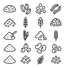 Essential grains line art icons. rice, oats, lentils, pasta, couscous, millet, barley, bulgur, cornmeal, quinoa, wheat flour, rye, semolina, buckwheat, dry beans, chickpeas.