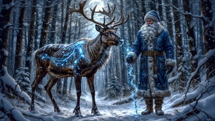 Santa Claus standing with glowing reindeer in snowy forest under full moon
