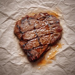 juicy grilled steak served on a greasy cooking paper . aspect ratio 1:1