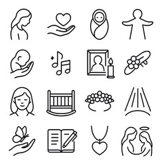 Bereaved mother symbols line art icons. mother silhouette, heart in hand, baby blanket, open arms, gentle touch, lullaby note, candle beside frame, hair clip, soft smile, empty