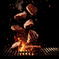 juicy grilled steaks being grilled on a searing flame grill . aspect ratio 1:1
