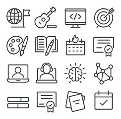 Learning Skills line art icons. language goal, instrument progress, coding badge, writing target, art level, reading progress, learning streak, course completion, webinar icon,