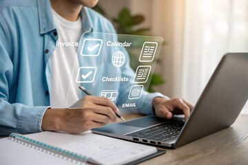 A person efficiently manages digital tasks using a laptop with a transparent virtual interface displaying options like invoices, calendars, and checklists.