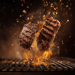 juicy grilled steaks being grilled on a searing flame grill . aspect ratio 1:1