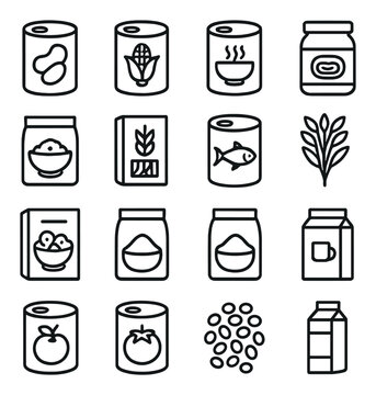 Non-perishable foods line art icons. canned beans, canned corn, canned soup, peanut butter jar, rice bag, pasta box, canned tuna, oats pack, cereal box, flour bag, sugar bag, tea