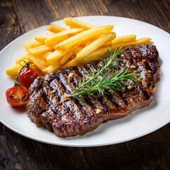 juicy grilled steak served on a white plate with french fries . aspect ratio 1:1