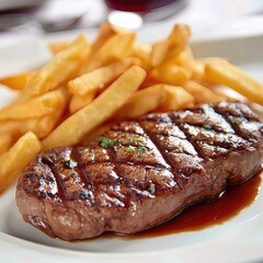 juicy grilled steak served on a white plate with french fries . aspect ratio 1:1