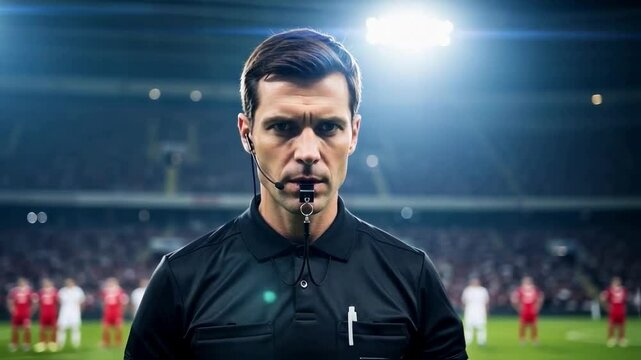 Close-up of a serious football referee on a stadium field with a whistle, looking directly at the camera, symbolizing rules, authority, and making a critical judgment