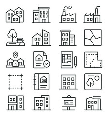 Zoning and land use line art icons. residential block, commercial building, industrial zone, park area, mixed-use icon, zoning map, community district, building permit, land parcel