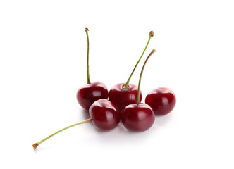 Many fresh ripe cherries isolated on white