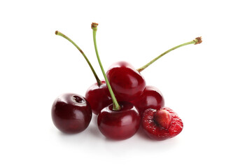 Many fresh ripe cherries isolated on white