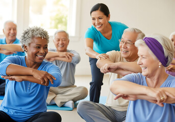A vibrant group of diverse older adults, appearing happy and engaged, participate in a seated exercise class led by a cheerful young adult instructor