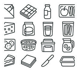 Picnic food bags line art icons. sandwich wrap, picnic blanket, juice bottle, fruit container, cheese block, bread roll, plastic cups, veggie sticks, cookies pack, pasta salad tub,