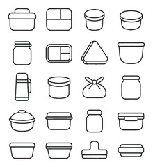 Reusable food containers line art icons. lunchbox, bento box, snack cup, sauce container, glass storage jar, food divider tray, sandwich box, silicone pouch, thermos, metal food