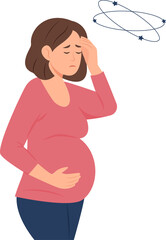 Pregnant woman suffers from dizziness.Vertigo. Low hemoglobin and iron deficiency. The concept of health protection.Vector illustration