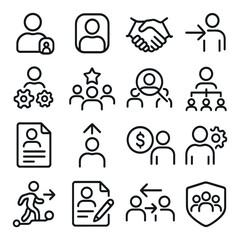 HR & Team Roles line art icons. job role icon, talent profile, hiring handshake, onboarding flow, skill match, performance review, team evaluation, role diagram, HR file, promotion