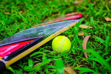 Cricket bat and yellow tennis ball on fresh grass, ideal outdoor sports gear for backyard practice and summer fitness training.