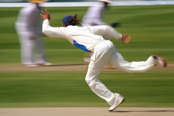 Dynamic fast bowler delivering precise cricket ball on lush green turf during competitive match, showcasing athletic skill, pace, seam accuracy.