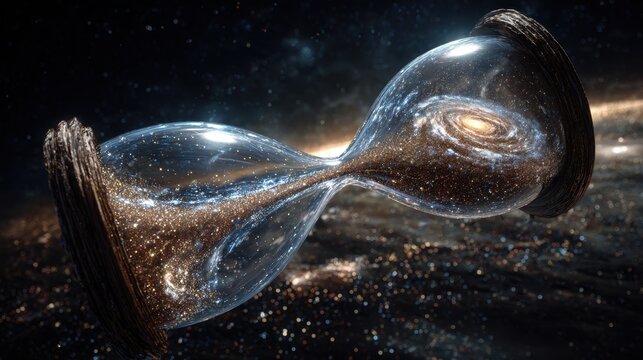 Gigantic hourglass floating through the cosmos, galaxies swirling like sand and time bending in an endless dance of universal beauty