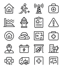 Disaster preparedness line art icons. emergency shelter, evacuation route, siren tower, emergency kit, flood barrier, fire hydrant, disaster plan icon, alert icon, shelter sign,
